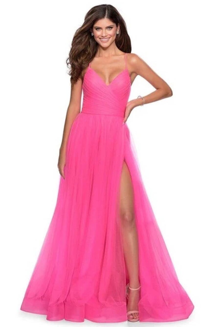 La Femme Pink Ruched Tulle A-Line Prom Party Formal Gown Size 2